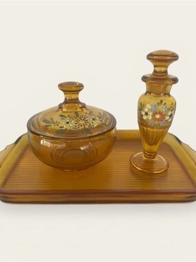 Vintage 40’s Amber Glass Vanity Set Hand-Painted Floral Accents Trinkets dresser